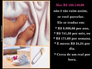 Mas R$ 160.140,00  não é tão ruim assim, se você parcelar. Ele se traduz em: * R$ 8.896,66 por ano, * R$ 741,38 por mês, ou * R$ 171,08 por semana. * E meros R$ 24,24 por dia. * Cerca de um real por hora. 