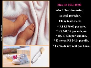 Mas R$ 160.140,00  não é tão ruim assim, se você parcelar. Ele se traduz em: * R$ 8.896,66 por ano, * R$ 741,38 por mês, ou * R$ 171,08 por semana. * E meros R$ 24,24 por dia. * Cerca de um real por hora. 