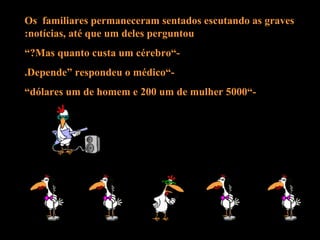 Os  familiares permaneceram sentados escutando as graves notícias, até que um deles perguntou: -”Mas quanto custa um cérebro?” -”Depende” respondeu o médico. -”5000 dólares um de homem e 200 um de mulher” 