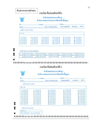 14 
ภาษาไทย ชั้นประถมศึกษาปีที่ 6 
ภาษาไทย ชั้นมัธยมศึกษาปีที่ 3 
ตัวอย่างกระดาษคาตอบ  