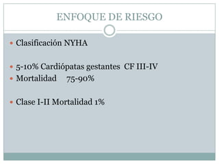 ENFOQUE DE RIESGO

 Clasificación NYHA


 5-10% Cardiópatas gestantes CF III-IV
 Mortalidad   75-90%

 Clase I-II Mortalidad 1%
 