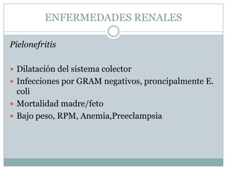 ENFERMEDADES RENALES

Pielonefritis

 Dilatación del sistema colector
 Infecciones por GRAM negativos, proncipalmente E.
  coli
 Mortalidad madre/feto
 Bajo peso, RPM, Anemia,Preeclampsia
 