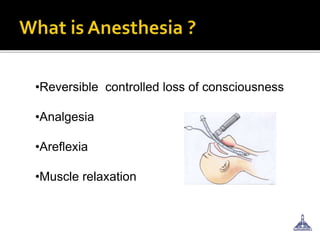 •Reversible controlled loss of consciousness
•Analgesia
•Areflexia
•Muscle relaxation
 