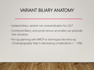 VARIANT BILIARY ANATOMY
- Isolated biliary variants not contraindication for LDLT
- Combined Biliary and portal venous anomalies can preclude
liver donation.
- Pre-op planning with MRCP or techniques like Intra-op
Cholangiography help in decreasing complications ( ~ 1.9%)
 Itamoto T et al, 2006
 