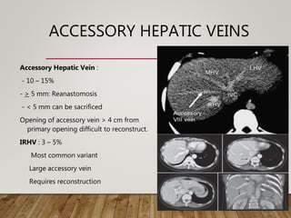 ACCESSORY HEPATIC VEINS
Accessory Hepatic Vein :
- 10 – 15%
- > 5 mm: Reanastomosis
- < 5 mm can be sacrificed
Opening of accessory vein > 4 cm from
primary opening difficult to reconstruct.
IRHV : 3 – 5%
Most common variant
Large accessory vein
Requires reconstruction
 
