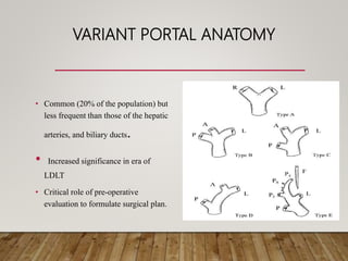 VARIANT PORTAL ANATOMY
• Common (20% of the population) but
less frequent than those of the hepatic
arteries, and biliary ducts.
• Increased significance in era of
LDLT
• Critical role of pre-operative
evaluation to formulate surgical plan.
 