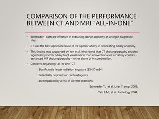 COMPARISON OF THE PERFORMANCE
BETWEEN CT AND MRI “ALL-IN-ONE”
• Schroeder: both are effective in evaluating donor anatomy as a single diagnostic
step.
• CT was the best option because of its superior ability in delineating biliary anatomy.
• This finding was supported by Yeh et al. who found that CT cholangiography enables
significantly better biliary tract visualization than conventional or excretory contrast-
enhanced MR cholangiography – either alone or in combination.
• Concerns regarding “all-in-one” CT
Significantly larger radiation exposure (15–20 mSv)
Potentially nephrotoxic contrast agents,
accompanied by a risk of adverse reactions.
Schroeder T., et al. Liver Transpl 2005;
Yeh B.M., et al. Radiology 2004;
 