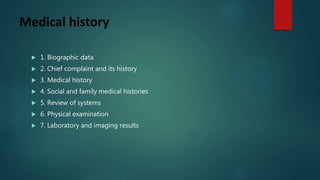 Medical history
 1. Biographic data
 2. Chief complaint and its history
 3. Medical history
 4. Social and family medical histories
 5. Review of systems
 6. Physical examination
 7. Laboratory and imaging results
 
