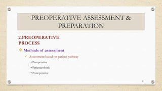 PREOPERATIVE ASSESSMENT &
PREPARATION
2.PREOPERATIVE
PROCESS
 Methods of assessment
 Assessment based on patient pathway
• Preoperative
• Perianaesthetic
• Postoperative
20
 