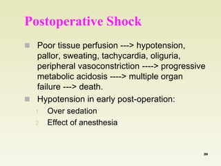 Postoperative Shock 
 Poor tissue perfusion ---> hypotension, 
pallor, sweating, tachycardia, oliguria, 
peripheral vasoconstriction ----> progressive 
metabolic acidosis ----> multiple organ 
failure ---> death. 
 Hypotension in early post-operation: 
1. Over sedation 
2. Effect of anesthesia 
39 
 