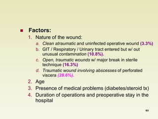  Factors: 
1. Nature of the wound: 
a. Clean atraumatic and uninfected operative wound (3.3%) 
b. GIT / Respiratory / Urinary tract entered but w/ out 
unusual contamination (10.8%). 
c. Open, traumatic wounds w/ major break in sterile 
technique (16.3%) 
d. Traumatic wound involving abscesses of perforated 
viscera (28.6%). 
2. Age 
3. Presence of medical problems (diabetes/steroid tx) 
4. Duration of operations and preoperative stay in the 
hospital 
63 
 