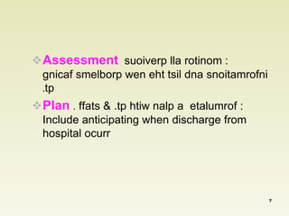 Assessment suoiverp lla rotinom : 
gnicaf smelborp wen eht tsil dna snoitamrofni 
.tp 
Plan . ffats & .tp htiw nalp a etalumrof : 
Include anticipating when discharge from 
hospital ocurr 
7 
 