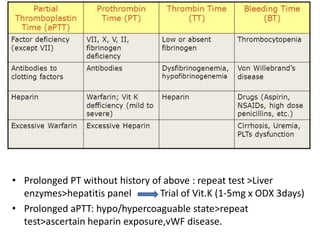 • Prolonged PT without history of above : repeat test >Liver
enzymes>hepatitis panel Trial of Vit.K (1-5mg x ODX 3days)
• Prolonged aPTT: hypo/hypercoaguable state>repeat
test>ascertain heparin exposure,vWF disease.
 