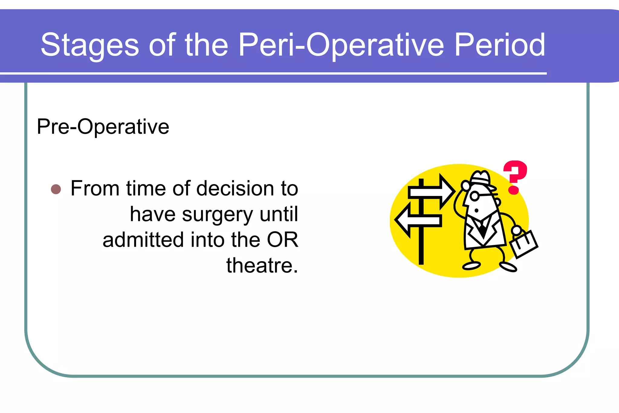 Stages of the Peri-Operative PeriodPre-OperativeFrom time of decision to have surgery until admitted into the OR theatre.