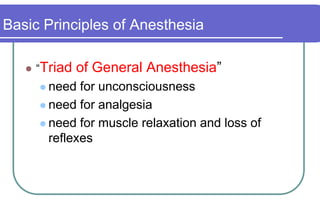 Basic Principles of Anesthesia“Triad of General Anesthesia”need for unconsciousnessneed for analgesianeed for muscle relaxation and loss of reflexes