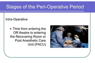 Stages of the Peri-Operative PeriodIntra-OperativeTime from entering the OR theatre to entering the Recovering Room or Post Anesthetic Care Unit (PACU)