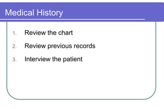 Medical HistoryReview the chartReview previous recordsInterview the patient