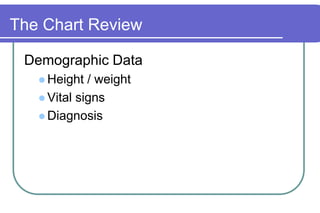 The Chart ReviewDemographic DataHeight / weightVital signsDiagnosis