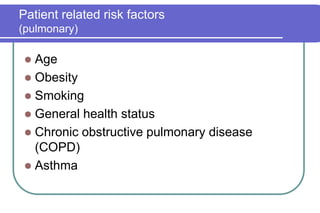 Age ObesitySmokingGeneral health statusChronic obstructive pulmonary disease (COPD)AsthmaPatient related risk factors(pulmonary)