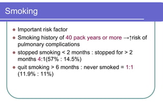 SmokingImportant risk factorSmoking history of 40 pack years or more->↑risk of pulmonary complicationsstopped smoking < 2 months : stopped for > 2 months4:1(57% : 14.5%) quit smoking > 6 months : never smoked = 1:1 (11.9% : 11%)