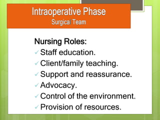 Nursing Roles:
 Staff education.
 Client/family teaching.
 Support and reassurance.
 Advocacy.
 Control of the environment.
 Provision of resources.
 