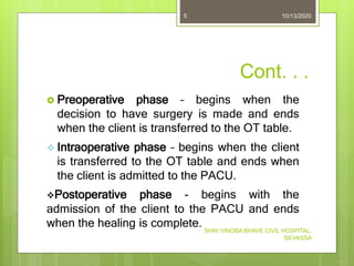 Cont. . .
 Preoperative phase – begins when the
decision to have surgery is made and ends
when the client is transferred to the OT table.
 Intraoperative phase – begins when the client
is transferred to the OT table and ends when
the client is admitted to the PACU.
Postoperative phase - begins with the
admission of the client to the PACU and ends
when the healing is complete.
10/13/2020
SHRI VINOBA BHAVE CIVIL HOSPITAL,
SILVASSA
5
 