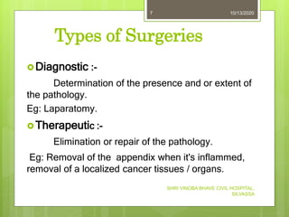 Diagnostic :-
Determination of the presence and or extent of
the pathology.
Eg: Laparatomy.
Therapeutic :-
Elimination or repair of the pathology.
Eg: Removal of the appendix when it's inflammed,
removal of a localized cancer tissues / organs.
10/13/2020
SHRI VINOBA BHAVE CIVIL HOSPITAL,
SILVASSA
7
Types of Surgeries
 