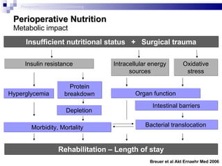 Perioperative Nutrition Metabolic impact Hyperglycemia Morbidity, Mortality Protein breakdown Depletion Rehabilitation – Length of stay Insulin resistance Intracellular energy sources Oxidative stress Organ function Intestinal barriers Bacterial translocation  Insufficient nutritional status  +  Surgical trauma Breuer et al Akt Ernaehr Med 2006 Preoperative metabolic conditioning 