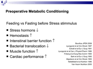 Preoperative Metabolic Conditioning Feeding vs Fasting before Stress stimmulus Stress hormons   Hemostasis   Intenstinal barrier function   Bacterial translocation   M uscle function   Cardiac performance   Bouritius JPEN 2008 Ljungqvist et al Circ Shock 1987 Eshaili et al Eur J Surg 1991 Ljungqvist et al Can J Physiol Pharm 1986 Friberg et al Surg Res Comm 1994 Bark et al Eur J Surg 1995 Aligobevic et al Circ Shock 1993 Nettelbladt et al Nutrtion 1996 Van Hoorn Nutrition 2005 Preoperative metabolic conditioning 