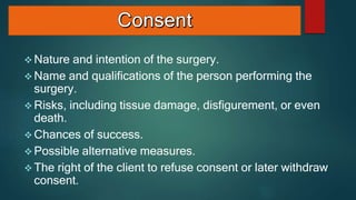  Nature and intention of the surgery.
 Name and qualifications of the person performing the
surgery.
 Risks, including tissue damage, disfigurement, or even
death.
 Chances of success.
 Possible alternative measures.
 The right of the client to refuse consent or later withdraw
consent.
 
