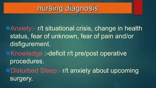 Anxiety:- r/t situational crisis, change in health
status, fear of unknown, fear of pain and/or
disfigurement.
Knowledge :-deficit r/t pre/post operative
procedures.
Disturbed Sleep:- r/t anxiety about upcoming
surgery.
 