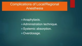 Complications of Local/Regional
Anesthesia
Anaphylaxis.
Administration technique.
Systemic absorption.
Overdosage.
 