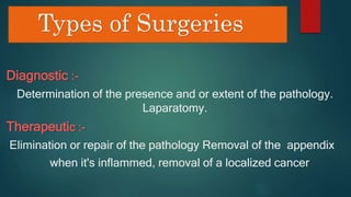 Types of Surgeries
Diagnostic :-
Determination of the presence and or extent of the pathology.
Laparatomy.
Therapeutic :-
Elimination or repair of the pathology Removal of the appendix
when it's inflammed, removal of a localized cancer
 