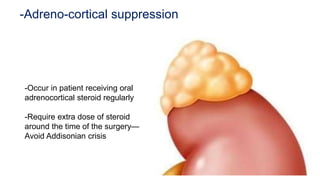 -Adreno-cortical suppression
-Occur in patient receiving oral
adrenocortical steroid regularly
-Require extra dose of steroid
around the time of the surgery—
Avoid Addisonian crisis
 