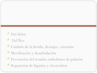 Del dolor
 Del Íleo
 Cuidado de la herida, drenajes, ostomias
 Movilización y deambulación
 Prevención del trombo embolismo de pulmón
 Reposición de líquidos y electrolitos


 