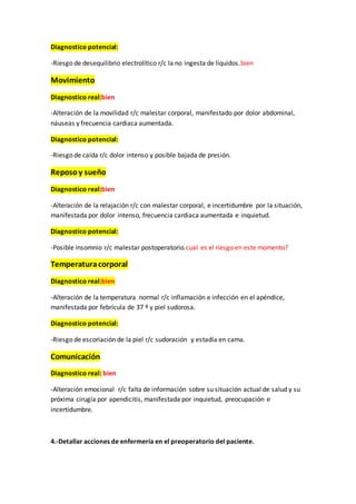Diagnostico potencial:
-Riesgo de desequilibrio electrolítico r/c la no ingesta de líquidos.bien
Movimiento
Diagnostico real:bien
-Alteración de la movilidad r/c malestar corporal, manifestado por dolor abdominal,
náuseas y frecuencia cardiaca aumentada.
Diagnostico potencial:
-Riesgo de caída r/c dolor intenso y posible bajada de presión.
Reposoy sueño
Diagnostico real:bien
-Alteración de la relajación r/c con malestar corporal, e incertidumbre por la situación,
manifestada por dolor intenso, frecuencia cardiaca aumentada e inquietud.
Diagnostico potencial:
-Posible insomnio r/c malestar postoperatorio.cual es el riesgo en este momento?
Temperaturacorporal
Diagnostico real:bien
-Alteración de la temperatura normal r/c inflamación e infección en el apéndice,
manifestada por febrícula de 37 º y piel sudorosa.
Diagnostico potencial:
-Riesgo de escoriación de la piel r/c sudoración y estadía en cama.
Comunicación
Diagnostico real: bien
-Alteración emocional r/c falta de información sobre su situación actual de salud y su
próxima cirugía por apendicitis, manifestada por inquietud, preocupación e
incertidumbre.
4.-Detallar acciones de enfermería en el preoperatorio del paciente.
 
