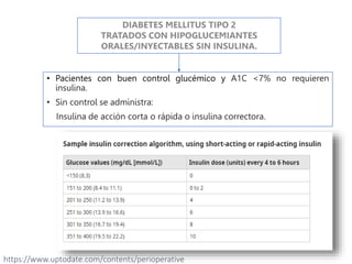 • Pacientes con buen control glucémico y A1C <7% no requieren
insulina.
• Sin control se administra:
Insulina de acción corta o rápida o insulina correctora.
https://www.uptodate.com/contents/perioperative
 