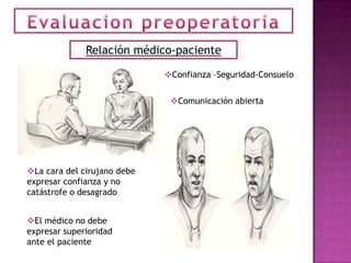 Relación médico-paciente

                             Confianza –Seguridad-Consuelo


                              Comunicación abierta




La cara del cirujano debe
expresar confianza y no
catástrofe o desagrado


El médico no debe
expresar superioridad
ante el paciente
 