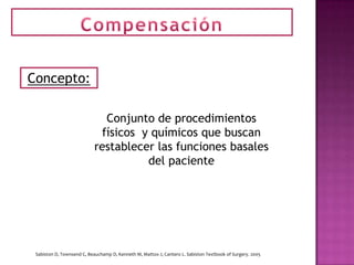 Concepto:

                             Conjunto de procedimientos
                            físicos y químicos que buscan
                           restablecer las funciones basales
                                     del paciente




 Sabiston D, Townsend C, Beauchamp D, Kenneth M, Mattox J, Cantero L. Sabiston Textbook of Surgery. 2005
 