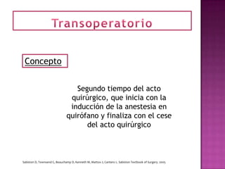 Concepto


                                  Segundo tiempo del acto
                                quirúrgico, que inicia con la
                                inducción de la anestesia en
                               quirófano y finaliza con el cese
                                     del acto quirúrgico



Sabiston D, Townsend C, Beauchamp D, Kenneth M, Mattox J, Cantero L. Sabiston Textbook of Surgery. 2005
 