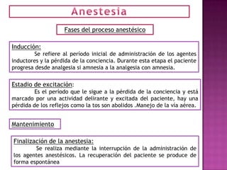 Fases del proceso anestésico

Inducción:
         Se refiere al período inicial de administración de los agentes
inductores y la pérdida de la conciencia. Durante esta etapa el paciente
progresa desde analgesia si amnesia a la analgesia con amnesia.


Estadio de excitación:
         Es el período que le sigue a la pérdida de la conciencia y está
marcado por una actividad delirante y excitada del paciente, hay una
pérdida de los reflejos como la tos son abolidos .Manejo de la vía aérea.


Mantenimiento

Finalización de la anestesia:
        Se realiza mediante la interrupción de la administración de
los agentes anestésicos. La recuperación del paciente se produce de
forma espontánea
 
