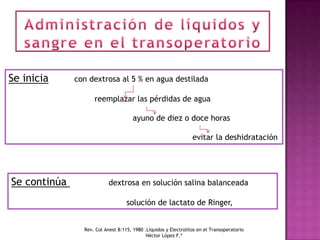 Se inicia     con dextrosa al 5 % en agua destilada

                    reemplazar las pérdidas de agua

                                      ayuno de diez o doce horas

                                                                 evitar la deshidratación




Se continúa                dextrosa en solución salina balanceada

                                   solución de lactato de Ringer,


                Rev. Col Anest 8:115, 1980 .Líquidos y Electrolitos en el Transoperatorio
                                            Héctor López F.*
 