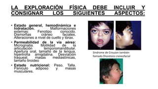 LA EXPLORACIÓN FÍSICA DEBE INCLUIR Y
CONSIGNAR LOS SIGUIENTES ASPECTOS:
• Estado general, hemodinámica e
hidratación. Malformaciones
externas: Fenotipo conocido.
Dismorfias cráneo faciales.
Alteraciones a nivel de cuello y tórax.
• Permeabilidad de la vía aérea:
Micrognatia. Motilidad de la
articulación temporomandibular.
Apertura oral, tamaño de la lengua,
hipertrofia amigdalina. Desviación
traqueal, masas mediastínicas,
tamaño tiroideo
• Estado nutricional: Peso, Talla.
Panículo adiposo y masas
musculares.
Síndrome de Crouzon también
llamado Disostosis craneofacial
 