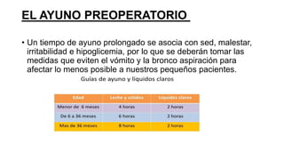 EL AYUNO PREOPERATORIO
• Un tiempo de ayuno prolongado se asocia con sed, malestar,
irritabilidad e hipoglicemia, por lo que se deberán tomar las
medidas que eviten el vómito y la bronco aspiración para
afectar lo menos posible a nuestros pequeños pacientes.
 