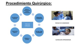Procedimiento Quirúrgico:
Abierta Y
mínimamente
invasiva
(Endoscópica)
Diagnóstica
o terapéutica
De alta o baja
complejidad
Paliativa o
curativa
Programada o
Urgencia
Procedimiento
propuesto
RIESGO DE SANGRADO
DURACION APROXIMADA
TIPO DE
CIRUGIA
 