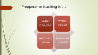 Preoperative teaching tools
Verbal
instruction
Written
material
Web-based
material
Audiovisual
material
 