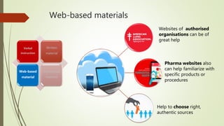 Web-based materials
Verbal
instruction
Written
material
Web-based
material
Audiovisual
material
Help to choose right,
authentic sources
Pharma websites also
can help familiarize with
specific products or
procedures
Websites of authorised
organisations can be of
great help
 