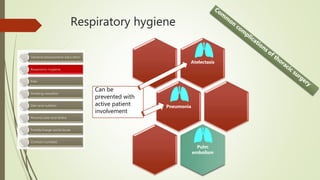 Respiratory hygiene
Atelectasis
Pneumonia
Pulm
embolism
Can be
prevented with
active patient
involvement
 