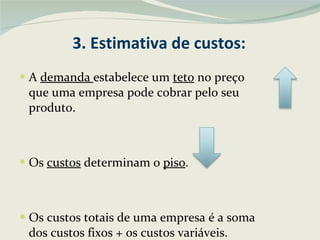 3. Estimativa de custos: A  demanda  estabelece um  teto  no preço que uma empresa pode cobrar pelo seu produto. Os  custos  determinam o  piso . Os custos totais de uma empresa é a soma dos custos fixos + os custos variáveis. 