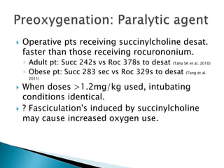  Operative pts receiving succinylcholine desat.
faster than those receiving rocurononium.
◦ Adult pt: Succ 242s vs Roc 378s to desat (Taha SK et al. 2010)
◦ Obese pt: Succ 283 sec vs Roc 329s to desat (Tang et al.
2011)
 When doses >1.2mg/kg used, intubating
conditions identical.
 ? Fasciculation's induced by succinylcholine
may cause increased oxygen use.
 